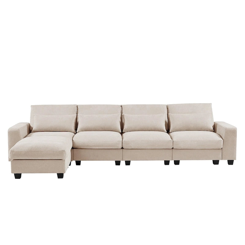 Canapé d'angle en forme de L avec méridienne réversible - Tissu lin gris foncé et beige