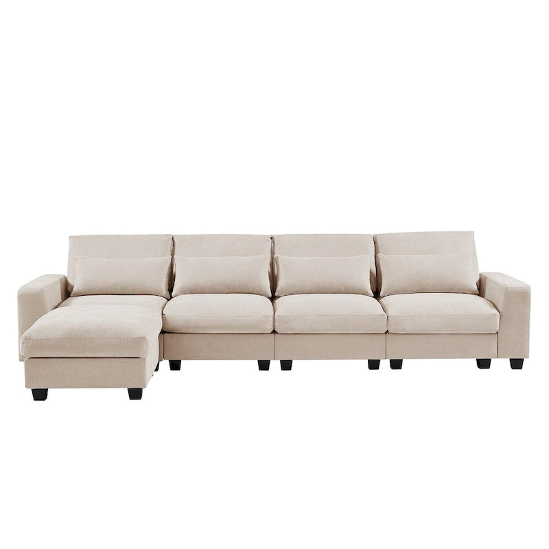Canapé d'angle en forme de L avec méridienne réversible - Tissu lin gris foncé et beige