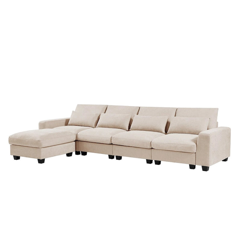 Canapé d'angle en forme de L avec méridienne réversible - Tissu lin gris foncé et beige