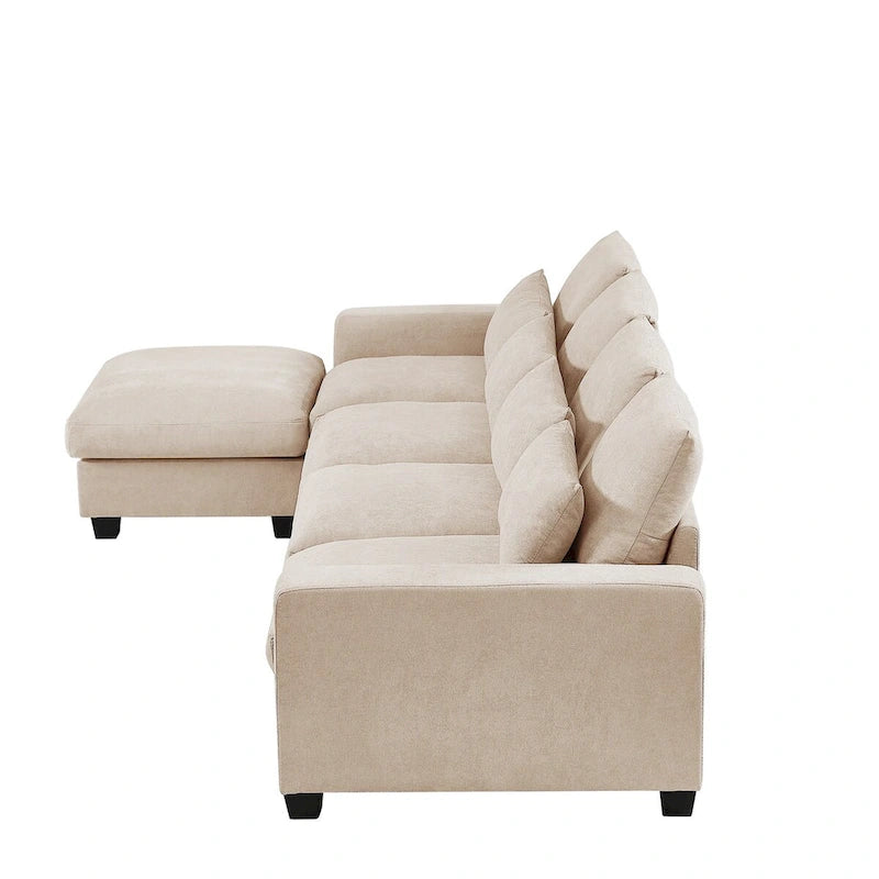 Canapé d'angle en forme de L avec méridienne réversible - Tissu lin gris foncé et beige
