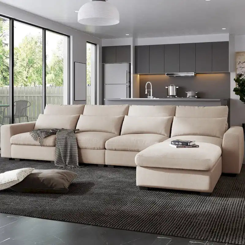 Canapé d'angle en forme de L avec méridienne réversible - Tissu lin gris foncé et beige
