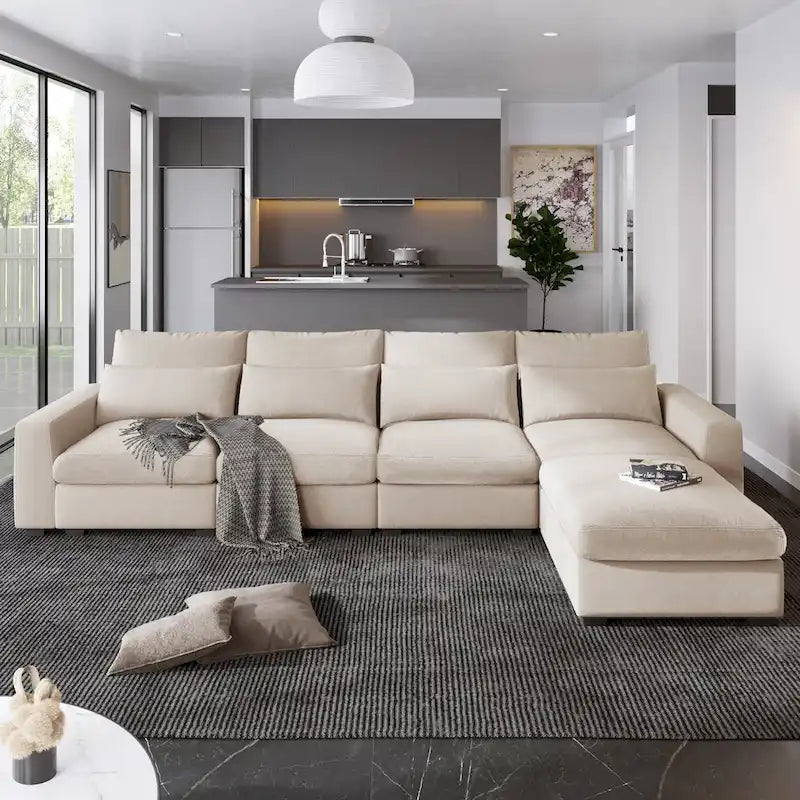 Canapé d'angle en forme de L avec méridienne réversible - Tissu lin gris foncé et beige