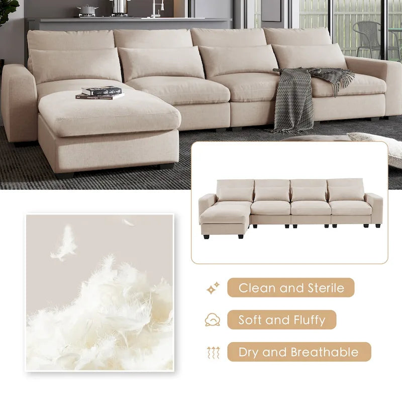 Canapé d'angle en forme de L avec méridienne réversible - Tissu lin gris foncé et beige