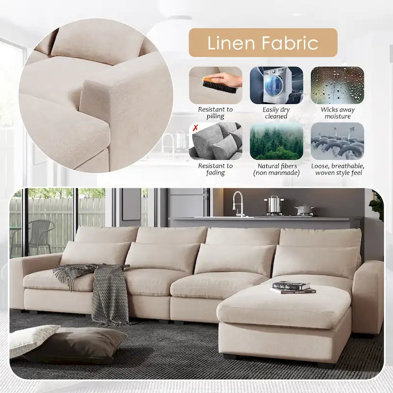 Canapé d'angle en forme de L avec méridienne réversible - Tissu lin gris foncé et beige
