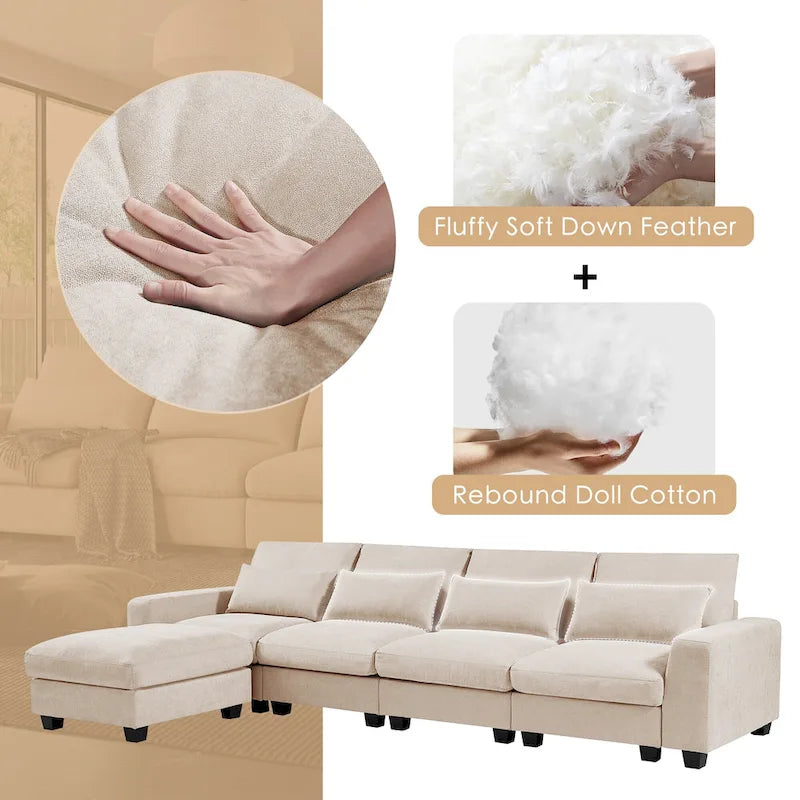 Canapé d'angle en forme de L avec méridienne réversible - Tissu lin gris foncé et beige