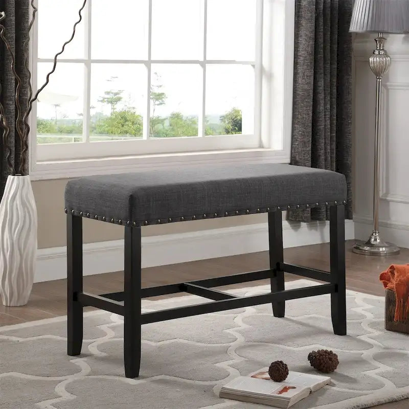 Banc rembourré hauteur comptoir lin coton clous de tapissier gris bleu havane