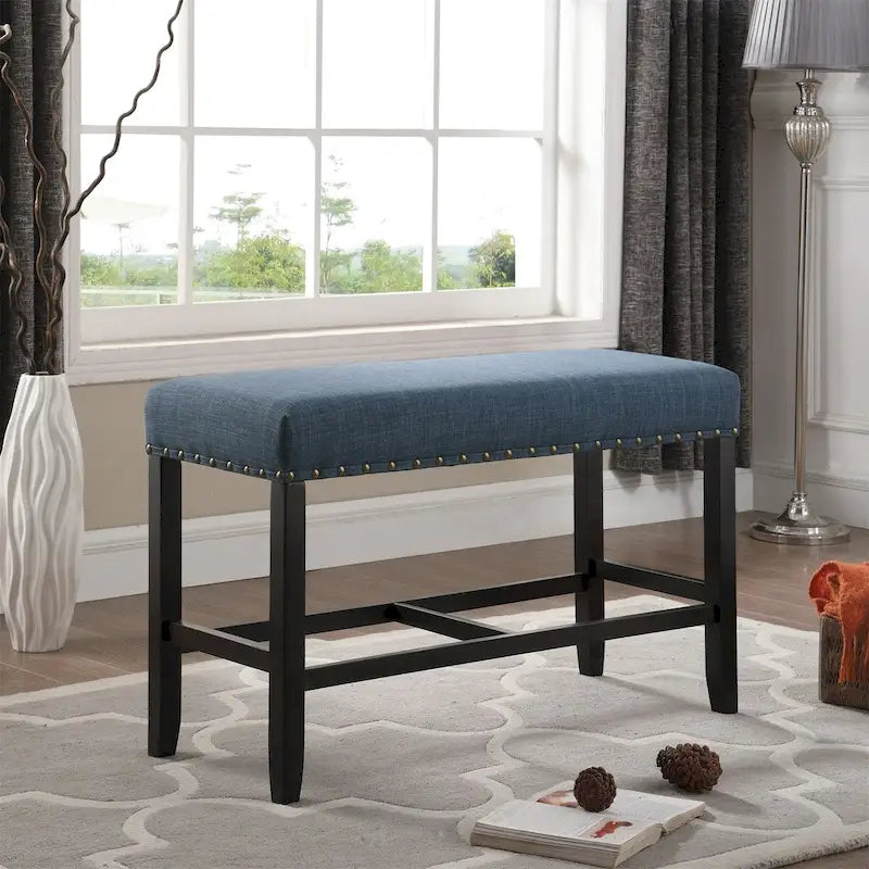Banc rembourré hauteur comptoir lin coton clous de tapissier gris bleu havane