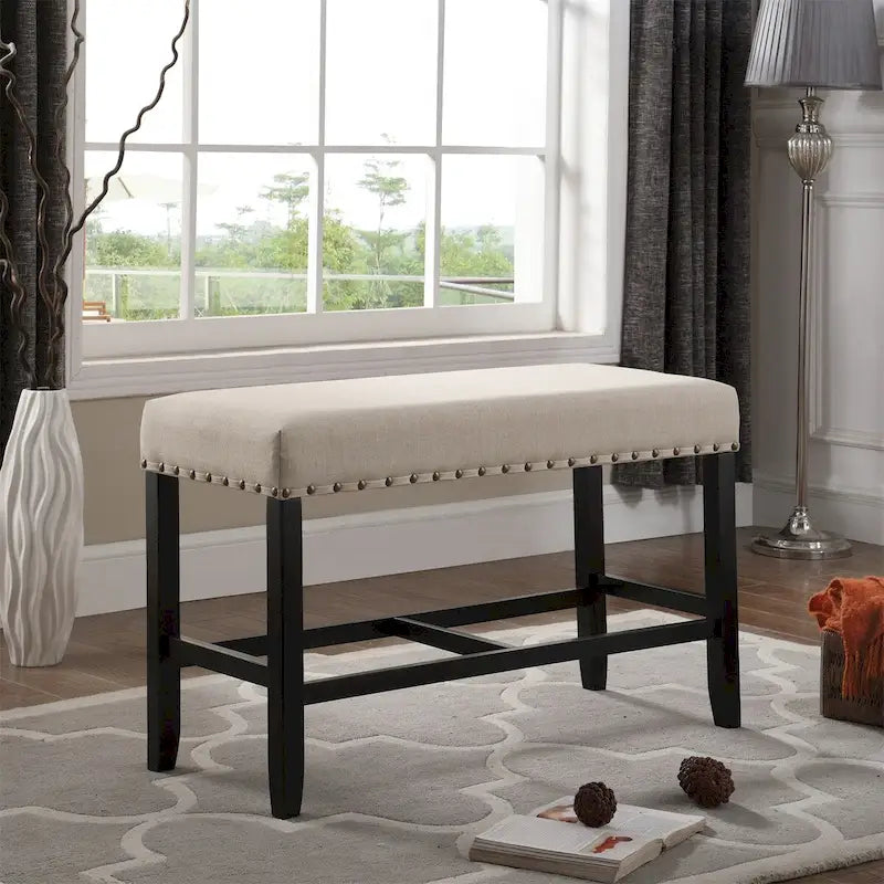 Banc rembourré hauteur comptoir lin coton clous de tapissier gris bleu havane