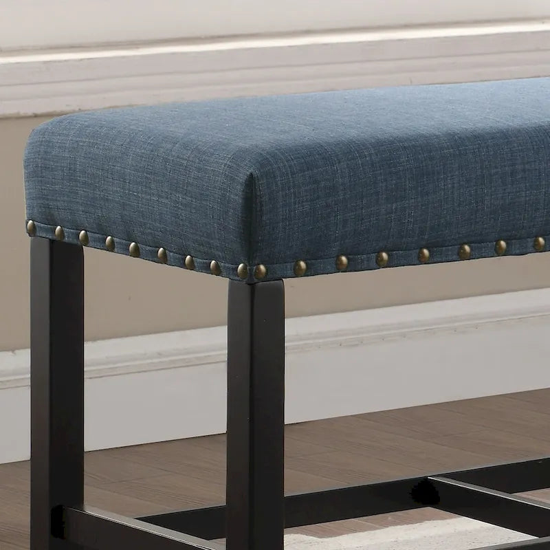 Banc rembourré hauteur comptoir lin coton clous de tapissier gris bleu havane