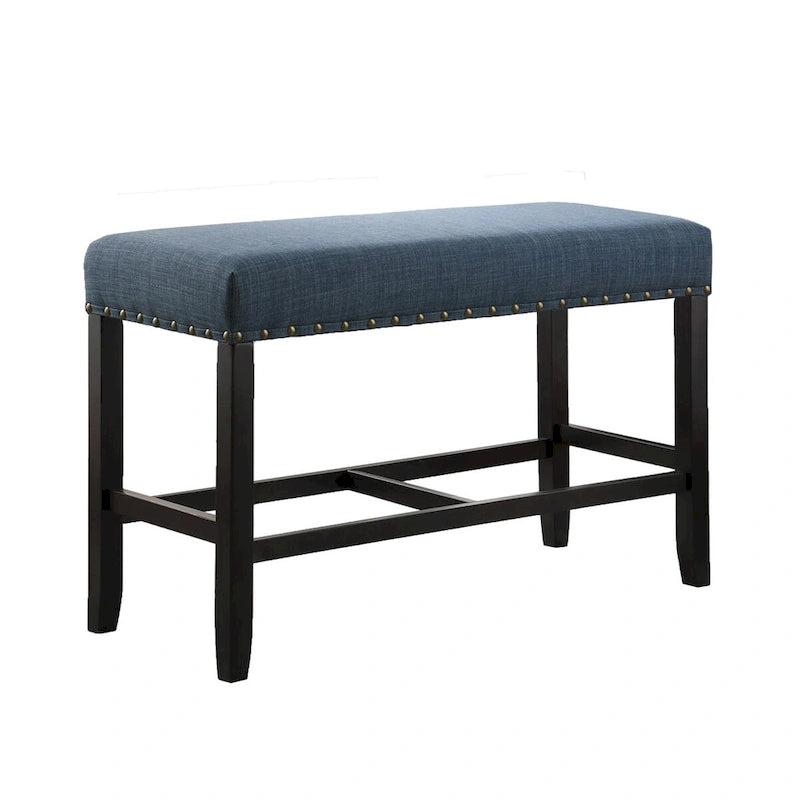Banc rembourré hauteur comptoir lin coton clous de tapissier gris bleu havane