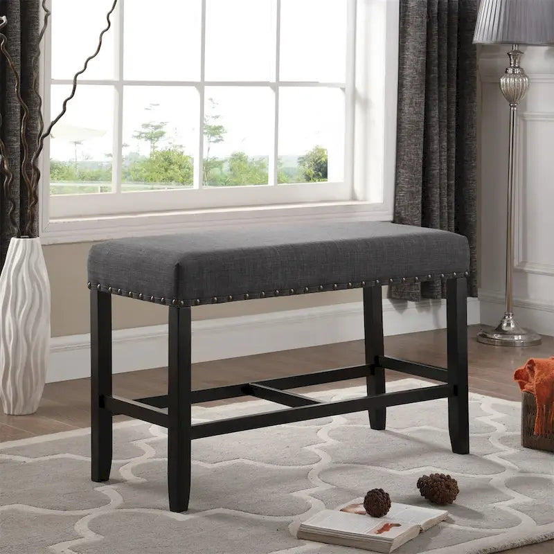 Banc rembourré hauteur comptoir lin coton clous de tapissier gris bleu havane