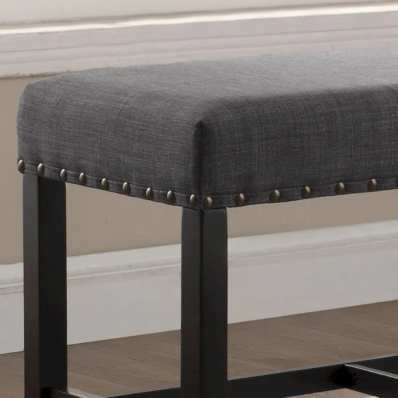 Banc rembourré hauteur comptoir lin coton clous de tapissier gris bleu havane