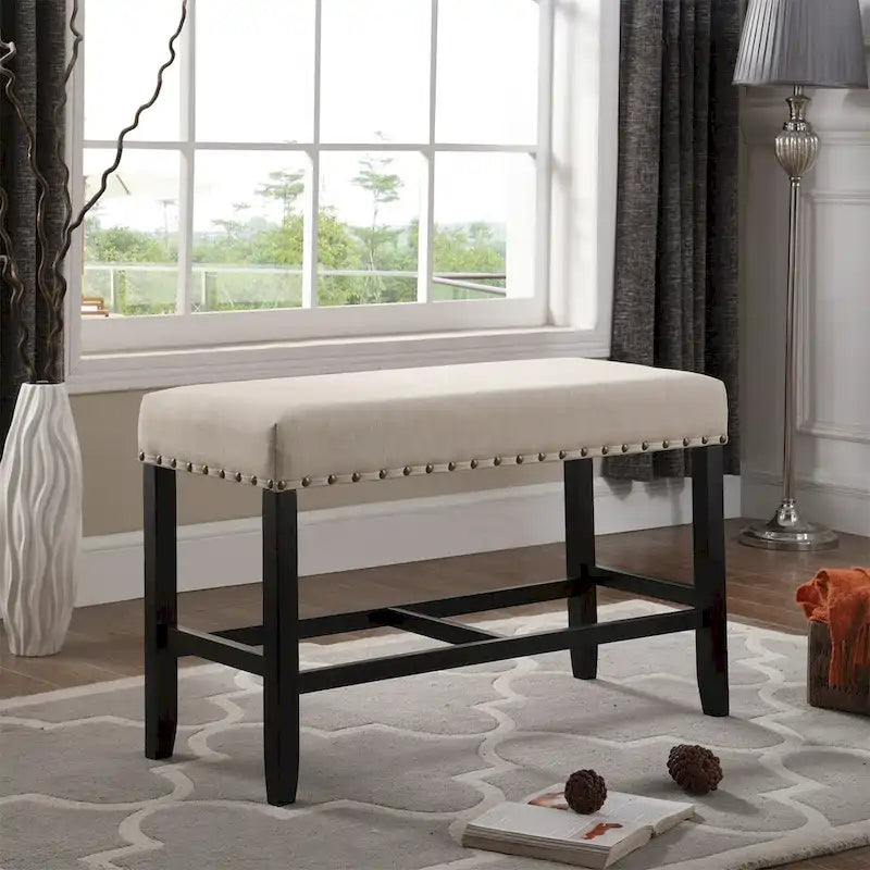 Banc rembourré hauteur comptoir lin coton clous de tapissier gris bleu havane