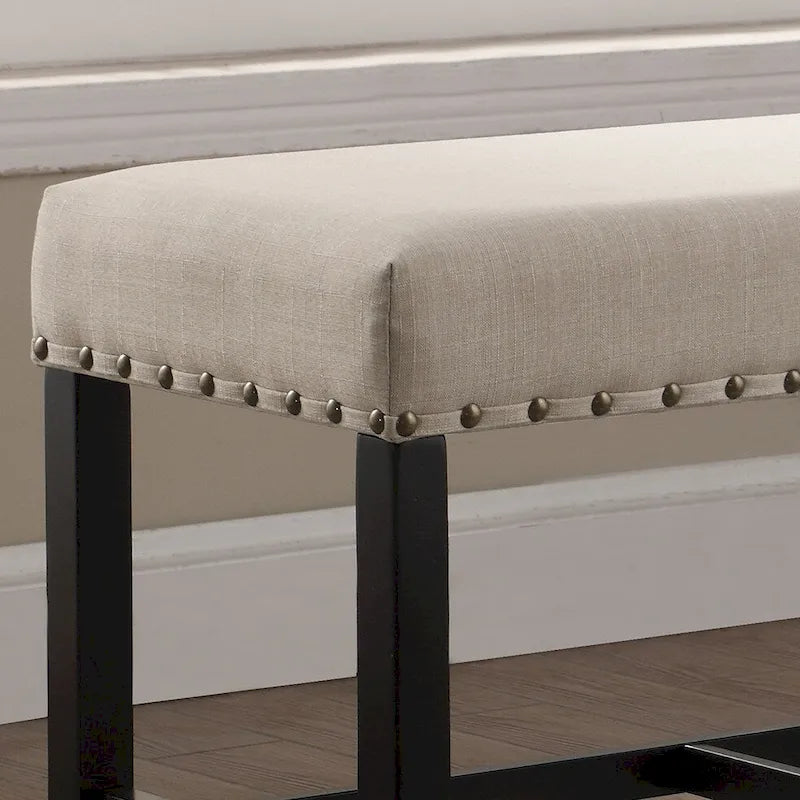 Banc rembourré hauteur comptoir lin coton clous de tapissier gris bleu havane