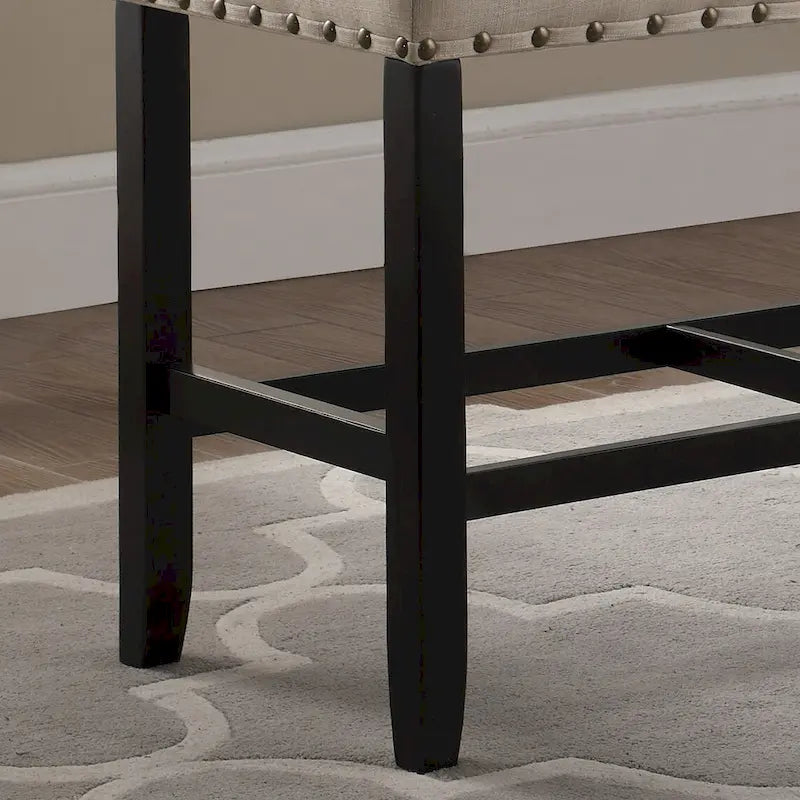 Banc rembourré hauteur comptoir lin coton clous de tapissier gris bleu havane