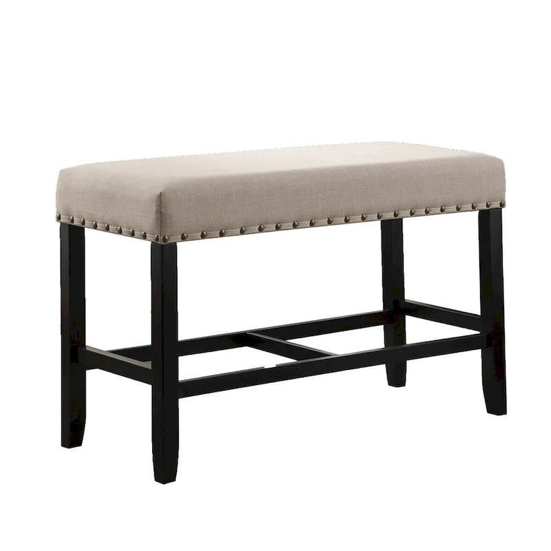 Banc rembourré hauteur comptoir lin coton clous de tapissier gris bleu havane