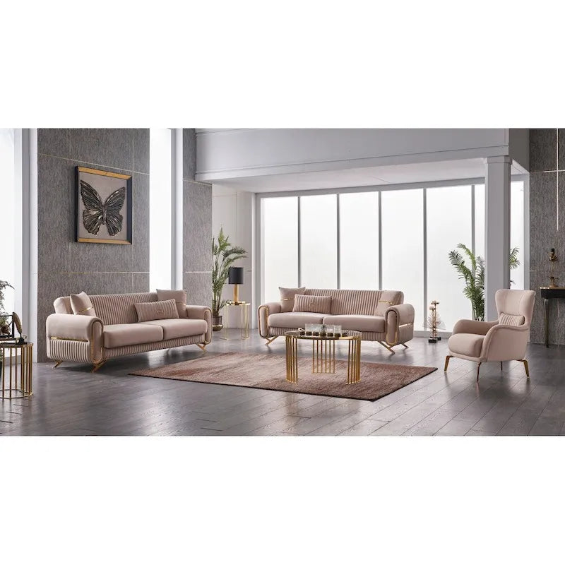 Canapé-lit rembourré en velours avec pieds en métal doré beige