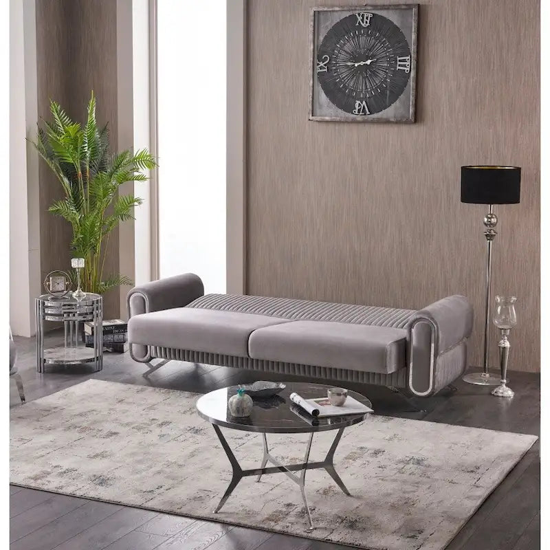 Canapé-lit rembourré en velours avec pieds en métal doré beige