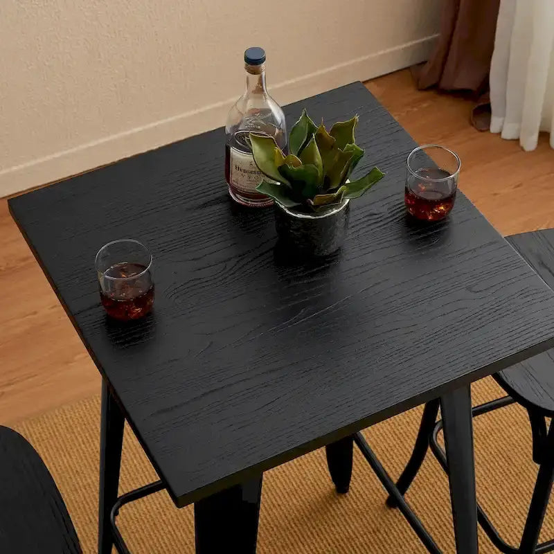 Table de bar style industriel/rustique en bois d'orme massif avec plateau en acier noir et brun
