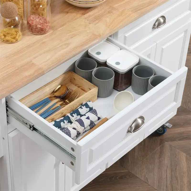 Desserte de cuisine roulante avec plateau en bois abattant blanc