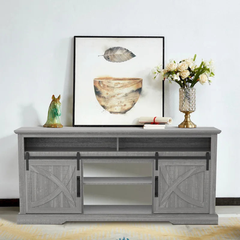 Grey Sliding Barn Door TV Stand with Open Storage Shelves Wood