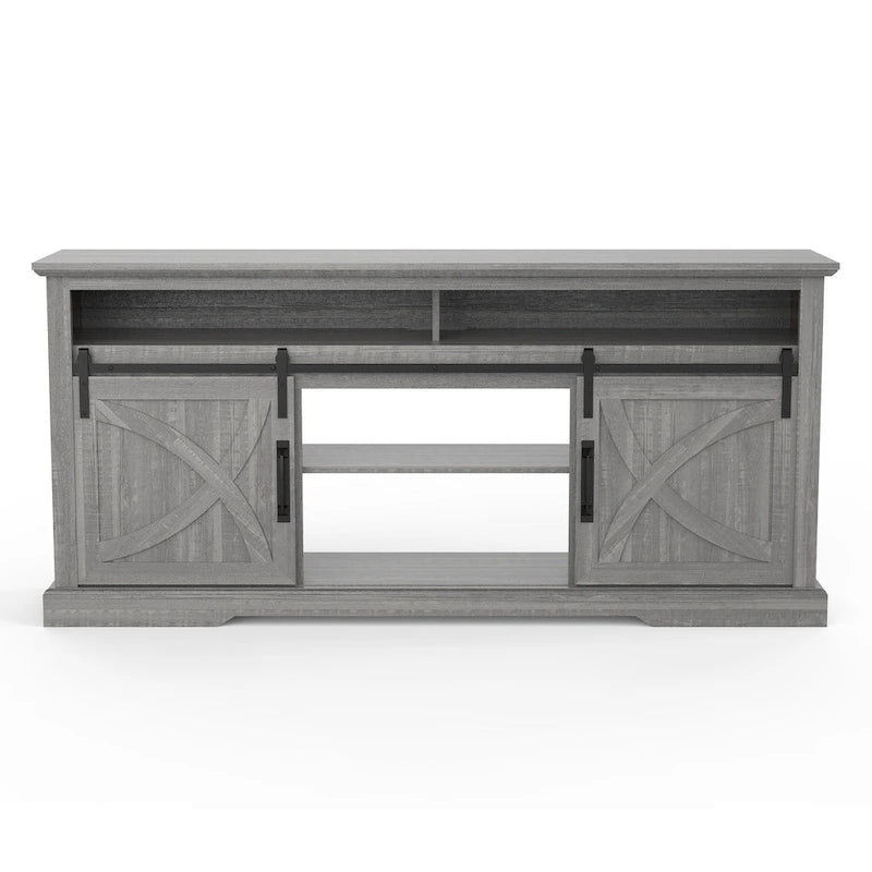Grey Sliding Barn Door TV Stand with Open Storage Shelves Wood