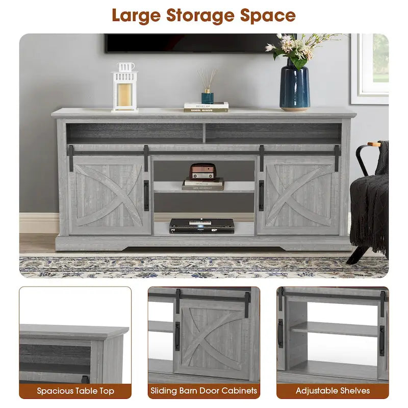 Grey Sliding Barn Door TV Stand with Open Storage Shelves Wood