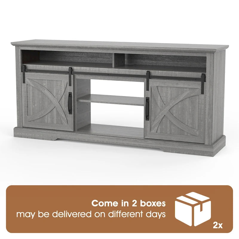 Grey Sliding Barn Door TV Stand with Open Storage Shelves Wood