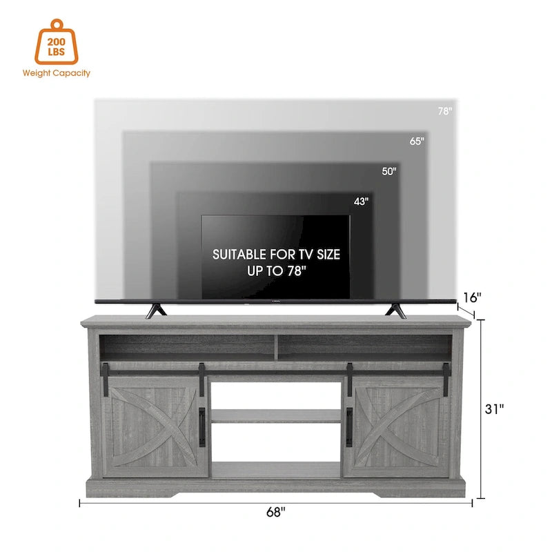 Meuble TV gris avec porte coulissante style grange et étagères de rangement ouvertes en bois