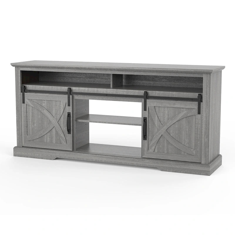 Meuble TV gris avec porte coulissante style grange et étagères de rangement ouvertes en bois