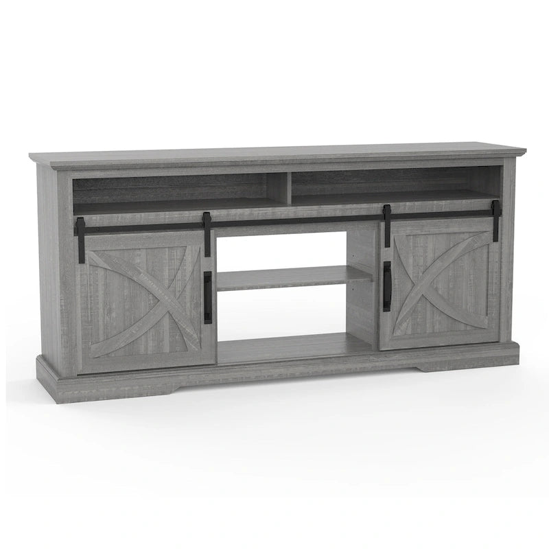 Meuble TV gris avec porte coulissante style grange et étagères de rangement ouvertes en bois