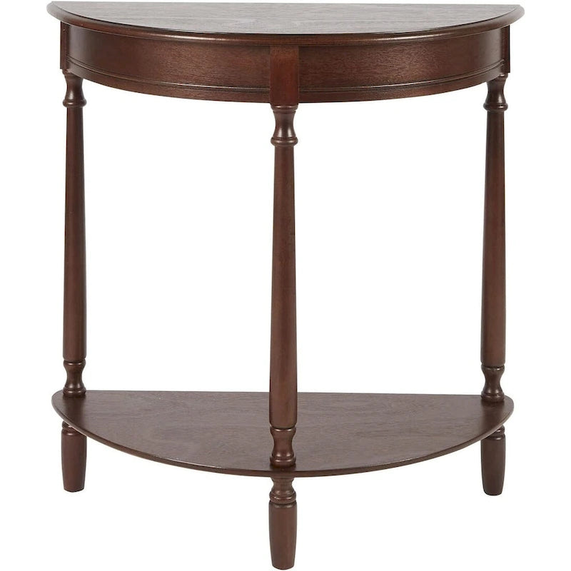 Console demi-ronde en noyer avec étagère inférieure, 2 niveaux, plateau en MDF