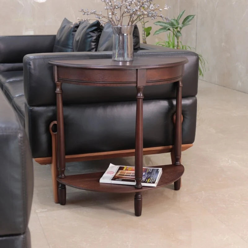 Console demi-ronde en noyer avec étagère inférieure, 2 niveaux, plateau en MDF
