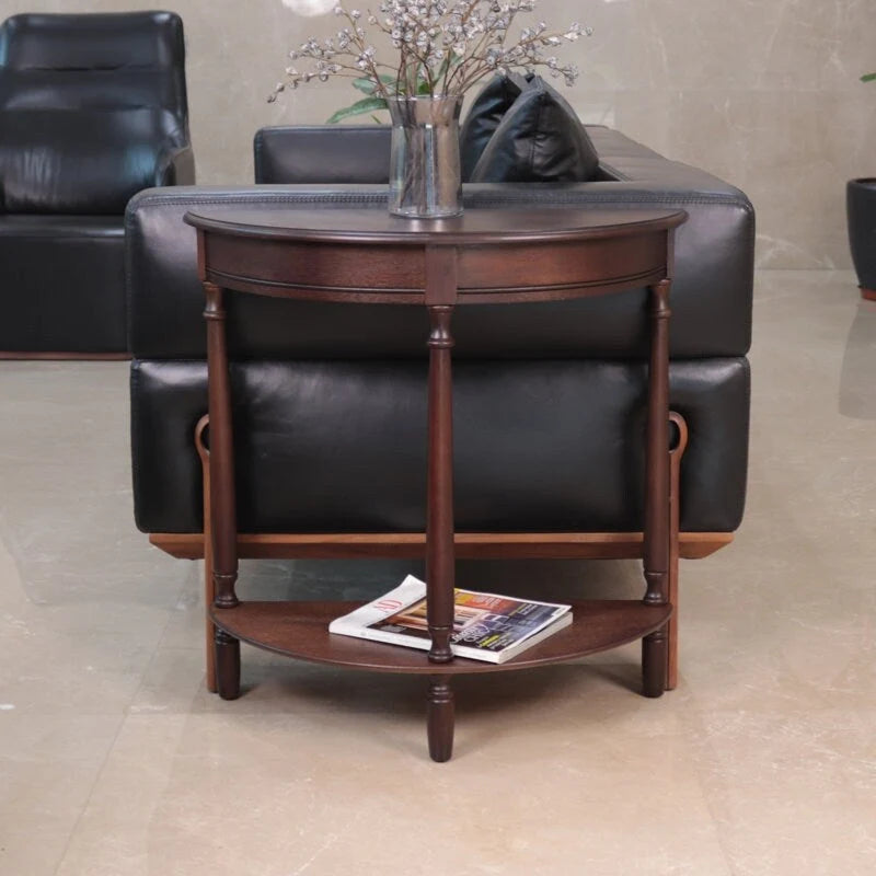 Console demi-ronde en noyer avec étagère inférieure, 2 niveaux, plateau en MDF