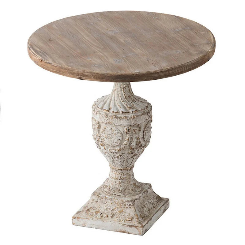 Table d'appoint ronde en bois, dessus blanc antique, base piédestal avec urne florale