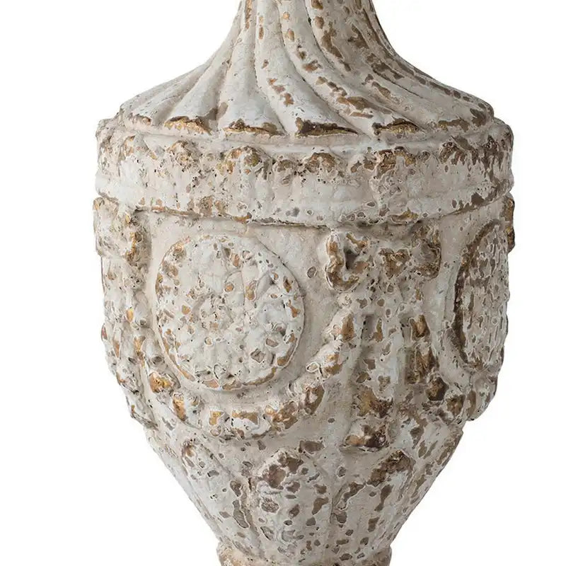 Table d'appoint ronde en bois, dessus blanc antique, base piédestal avec urne florale