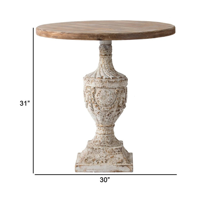 Table d'appoint ronde en bois, dessus blanc antique, base piédestal avec urne florale