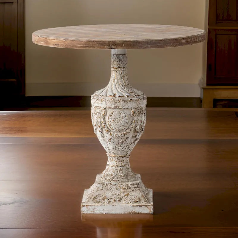Table d'appoint ronde en bois, dessus blanc antique, base piédestal avec urne florale