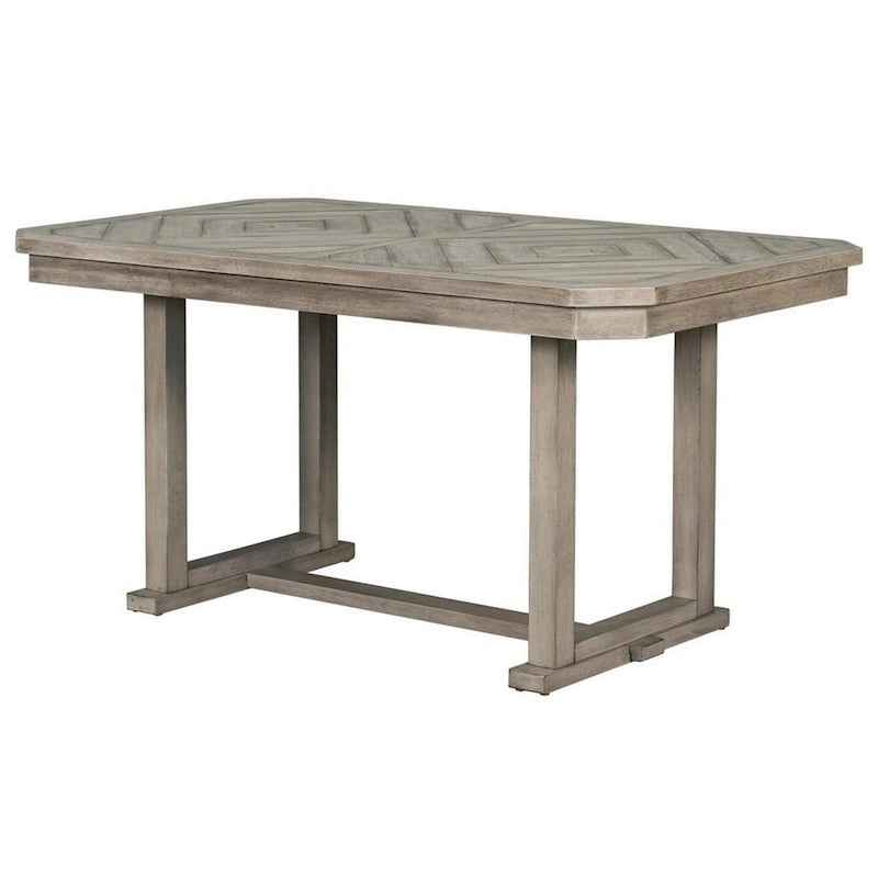 Table à manger rectangulaire en bois gris motif losanges, piètement tréteau style rustique