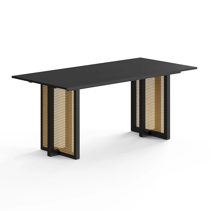 Table de salle à manger rectangulaire Mid-Century Modern avec base en canne Noyer noir Chêne