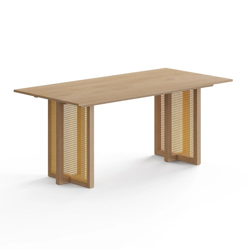 Table de salle à manger rectangulaire Mid-Century Modern avec base en canne Noyer noir Chêne