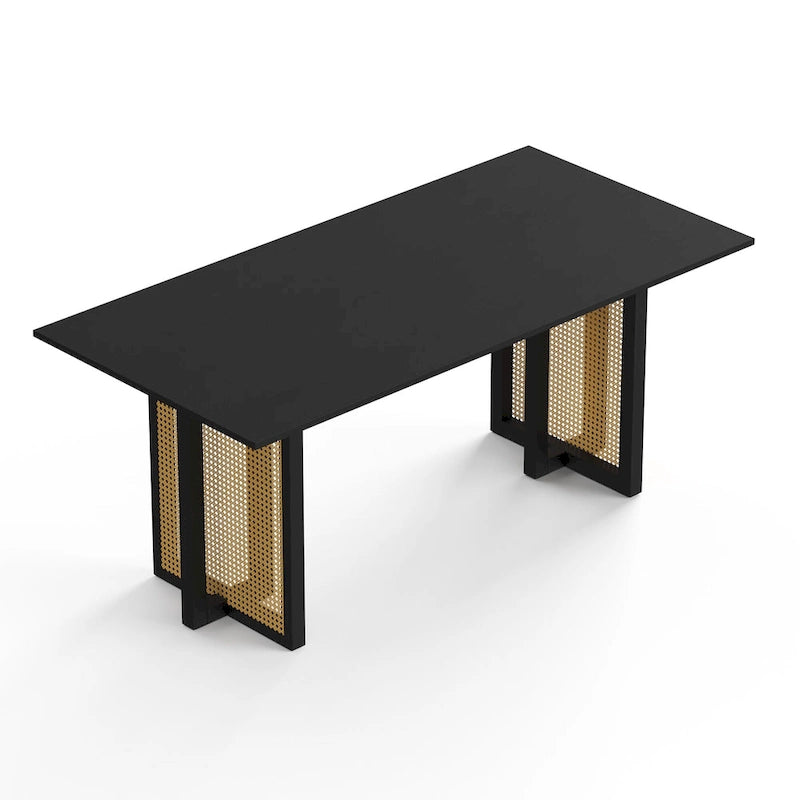 Table de salle à manger rectangulaire Mid-Century Modern avec base en canne Noyer noir Chêne