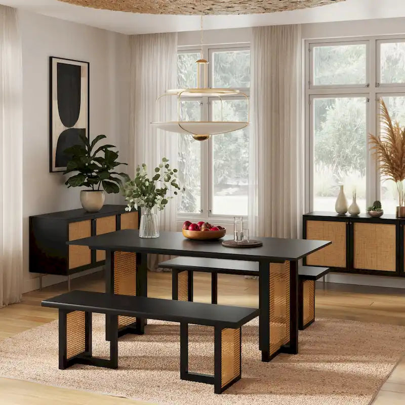 Table de salle à manger rectangulaire Mid-Century Modern avec base en canne Noyer noir Chêne