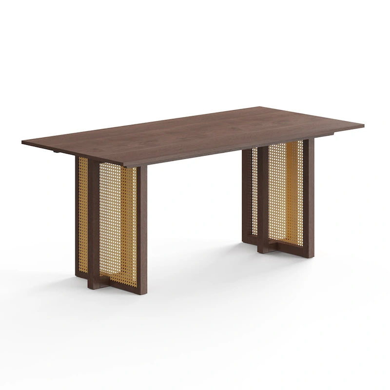 Table de salle à manger rectangulaire Mid-Century Modern avec base en canne Noyer noir Chêne