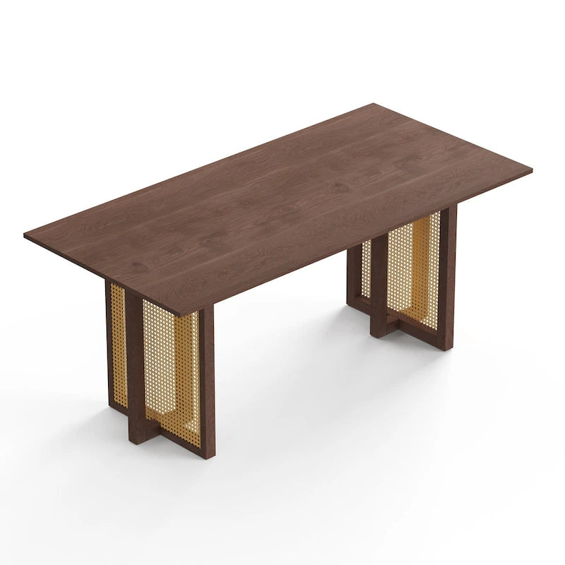 Table de salle à manger rectangulaire Mid-Century Modern avec base en canne Noyer noir Chêne