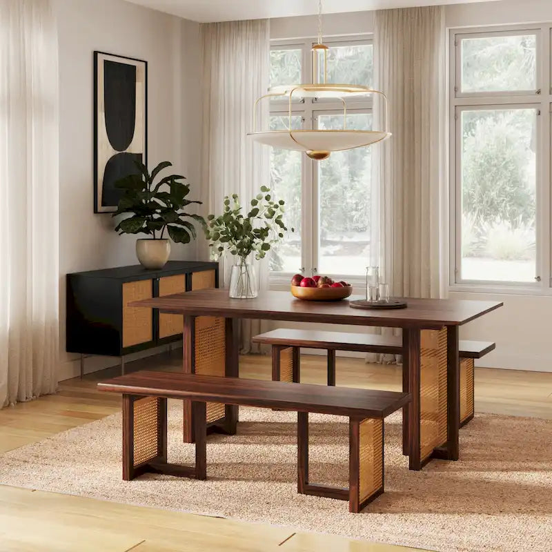 Table de salle à manger rectangulaire Mid-Century Modern avec base en canne Noyer noir Chêne