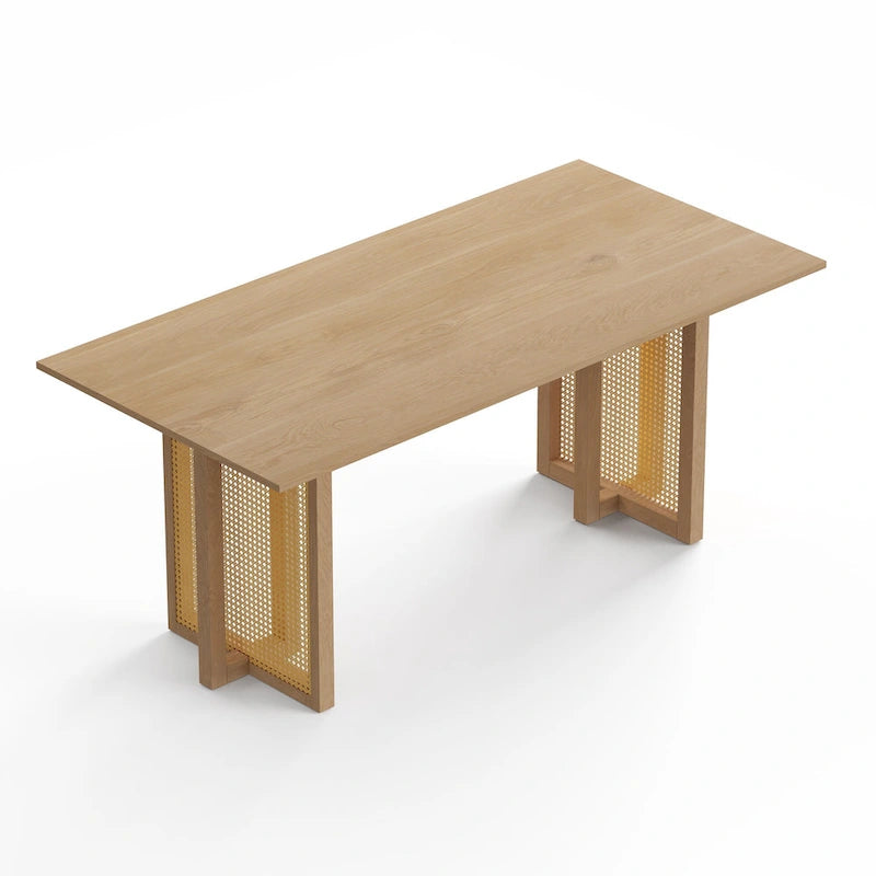 Table de salle à manger rectangulaire Mid-Century Modern avec base en canne Noyer noir Chêne