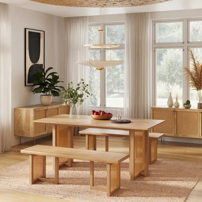 Table de salle à manger rectangulaire Mid-Century Modern avec base en canne Noyer noir Chêne