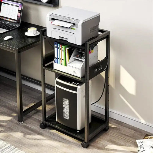 3-Tier Rolling Metal Storage Shelf with Power Outlets and Wheels, Black