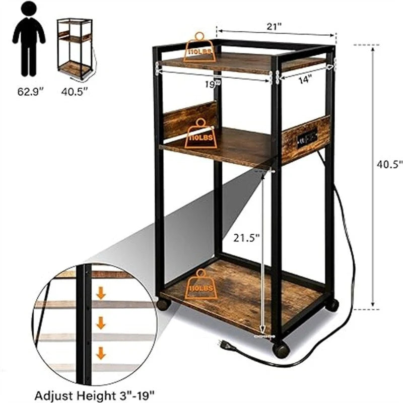 Étagère de rangement métallique roulante à 3 niveaux avec prises de courant et roulettes, noire